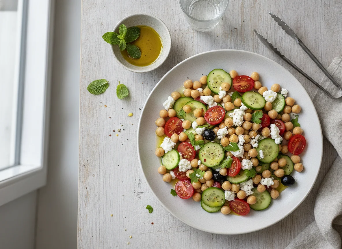 Kichererbsensalat mit Tomaten, Gurken und Feta photo