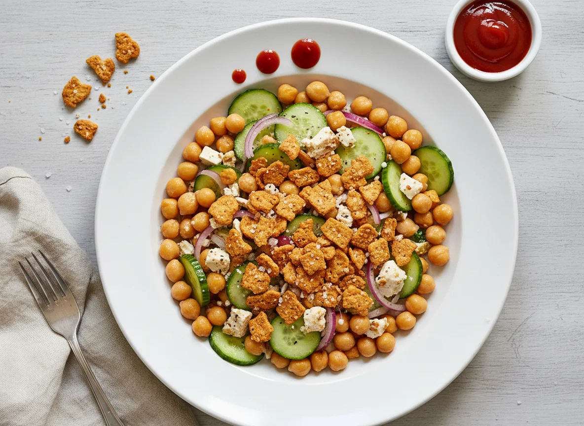 Kichererbsen-Salat mit veganen Brezel-Crispies und Ketchup Zero photo