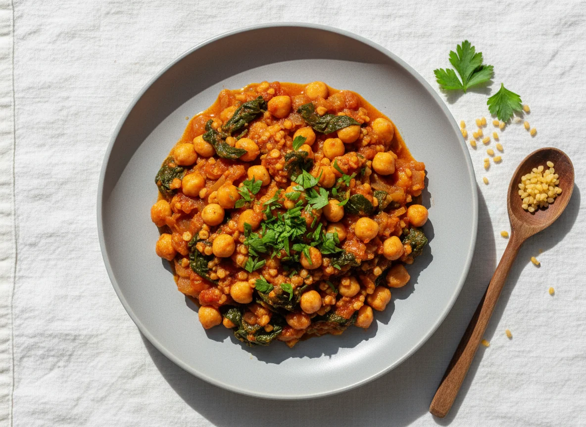 Kichererbsen-Spinat-Eintopf mit Bulgur und Petersilie photo