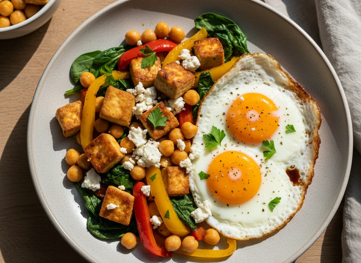 Kichererbsen-Tofu-Pfanne mit Feta und Ei photo