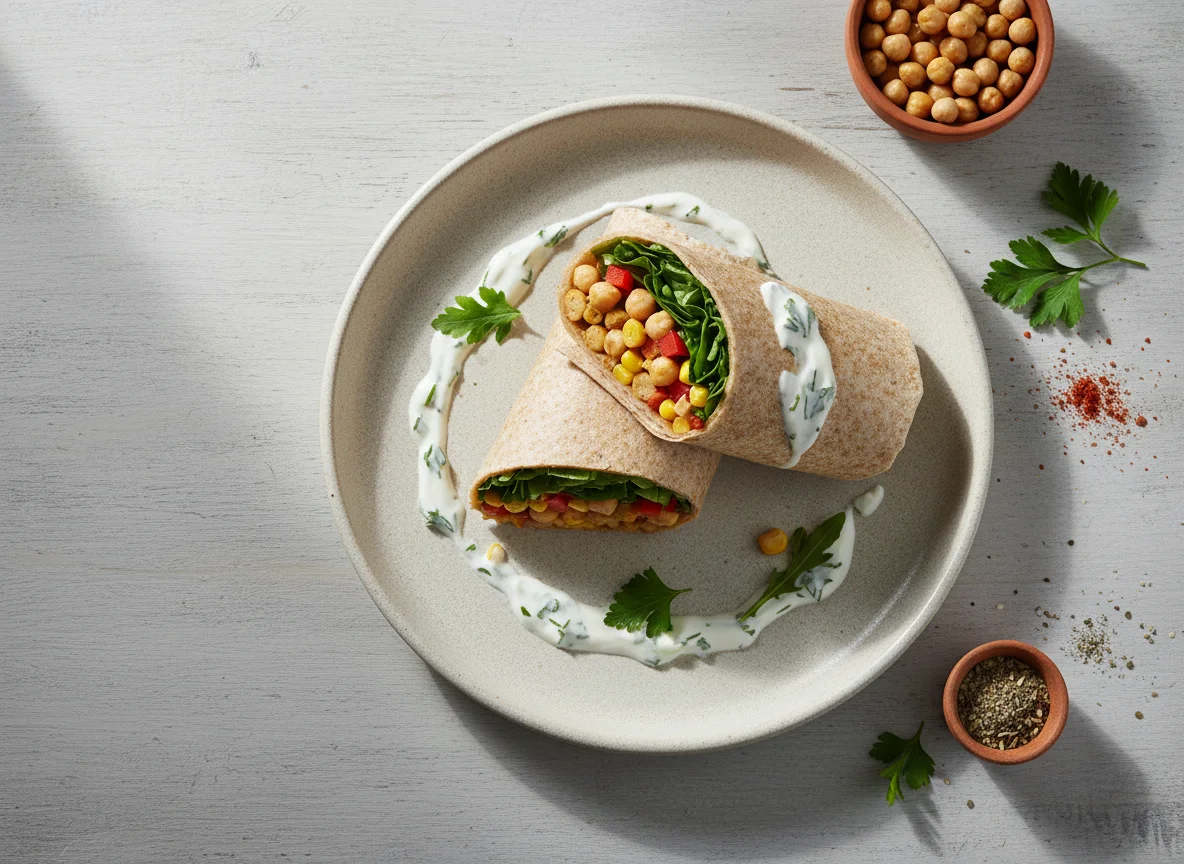 Kichererbsen-Wrap mit Rucola und Joghurt-Dressing photo