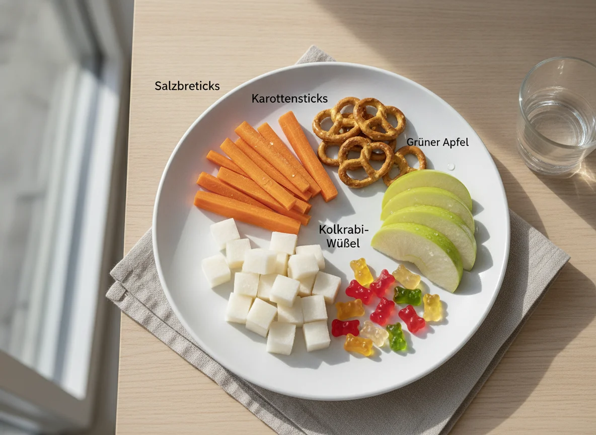 Kinderteller mit Obst, Gemüse und Snacks photo
