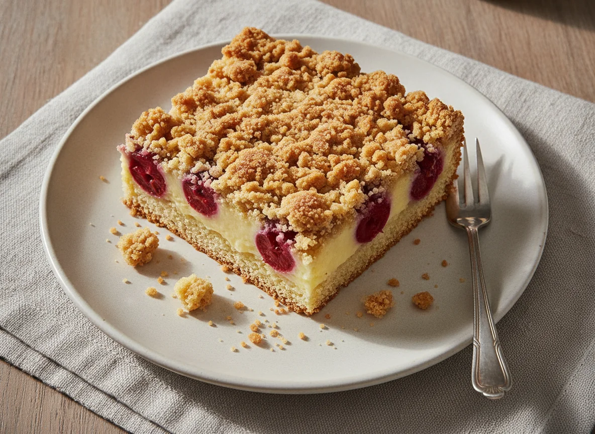 Kirsch-Streuselkuchen mit Pudding photo