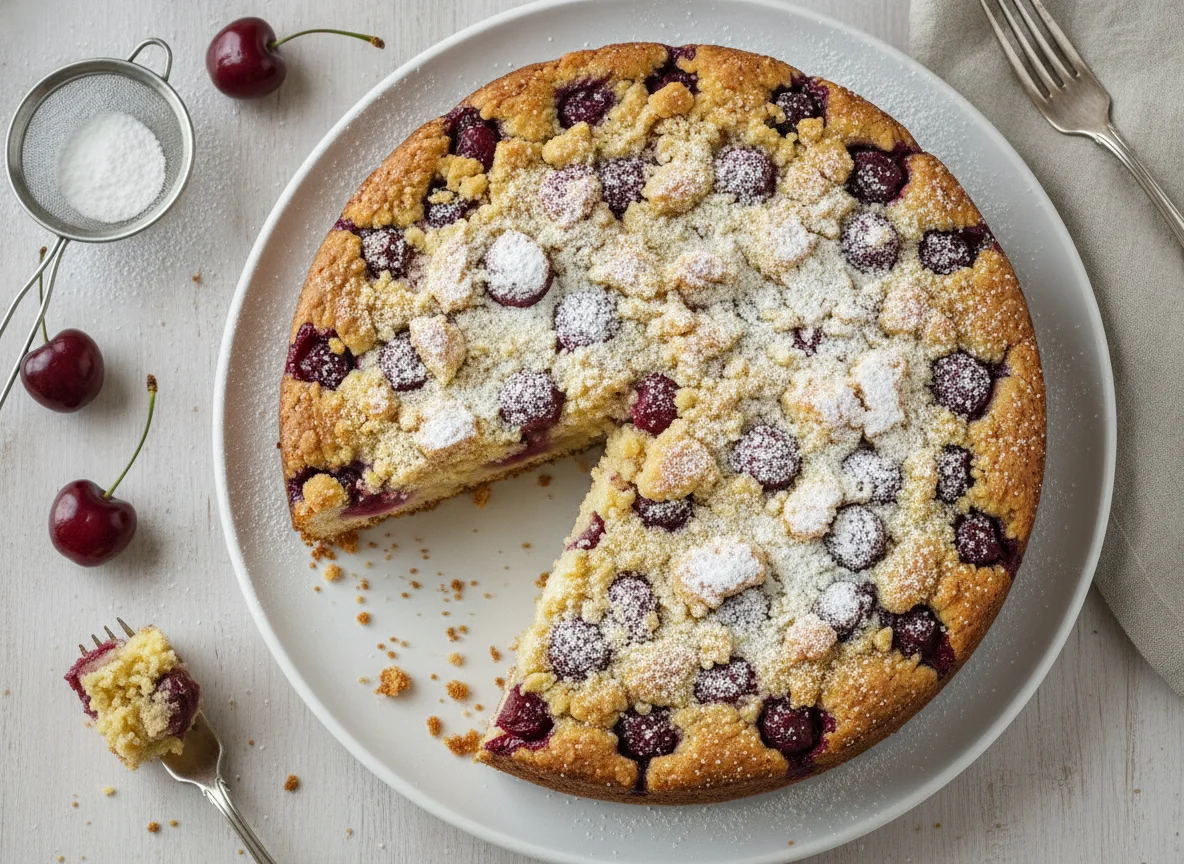 Kirsch-Streuselkuchen mit Puderzucker photo