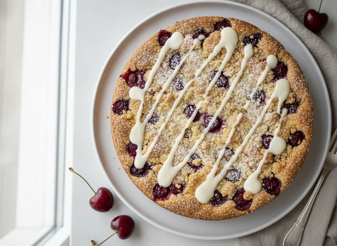 Kirsch-Streuselkuchen mit Zuckerguss photo