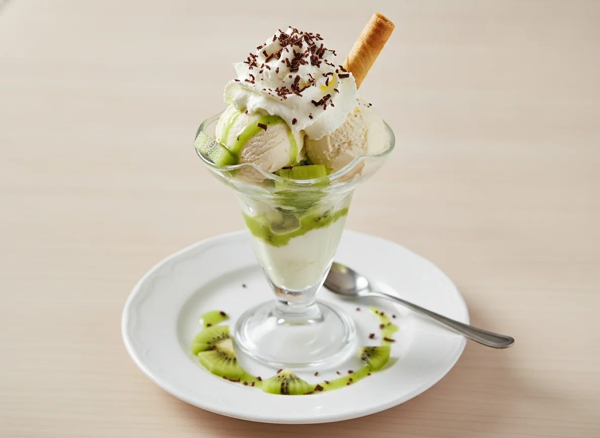 Kiwi-Eisbecher mit Sahne photo