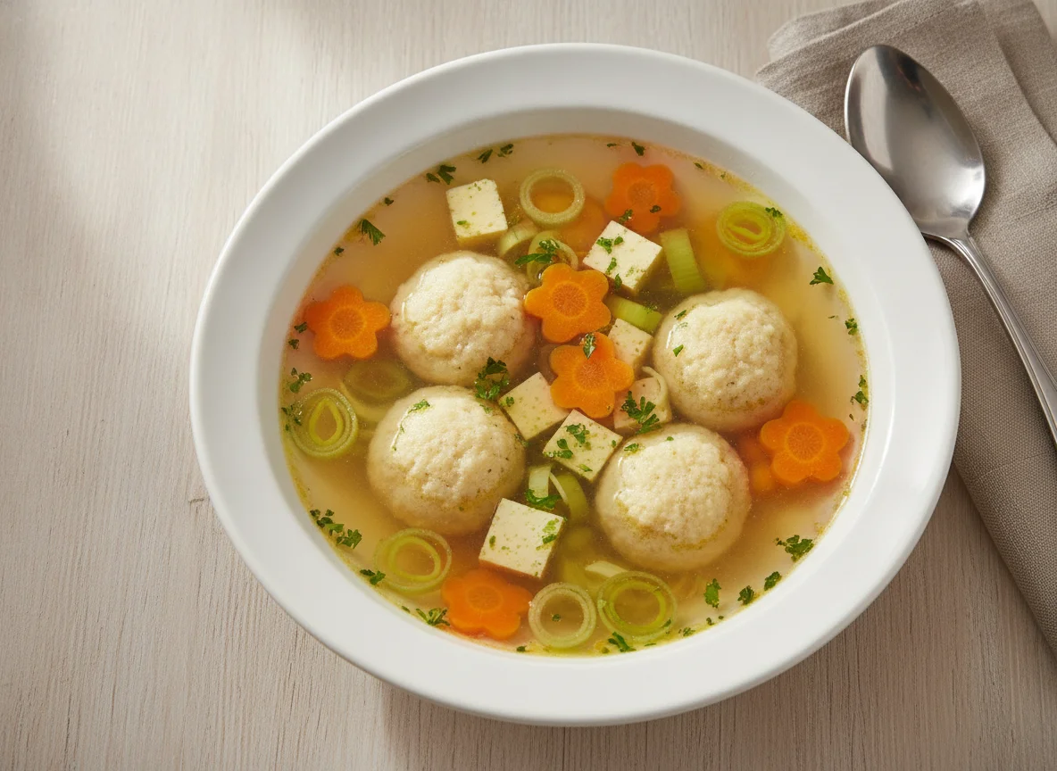 Klare Suppe mit Klößchen und Gemüseeinlage photo