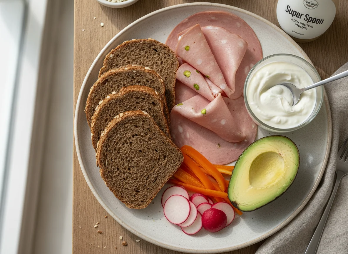 Kleiner Imbiss mit Brot, Wurst, Gemüse und Joghurt photo