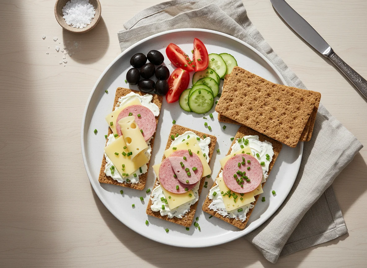 Knäckebrot mit Aufschnitt und Beilagen photo