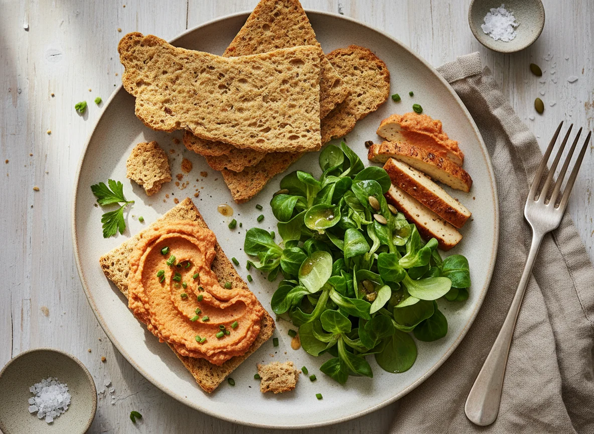 Knäckebrot mit Aufstrich, Feldsalat und Tofu photo