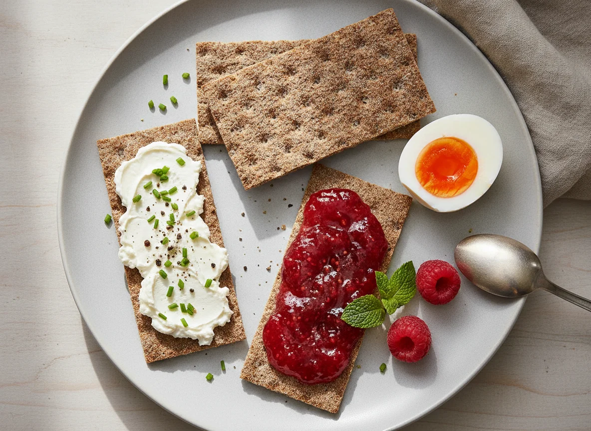 Knäckebrot mit Aufstrich und gekochtem Ei photo