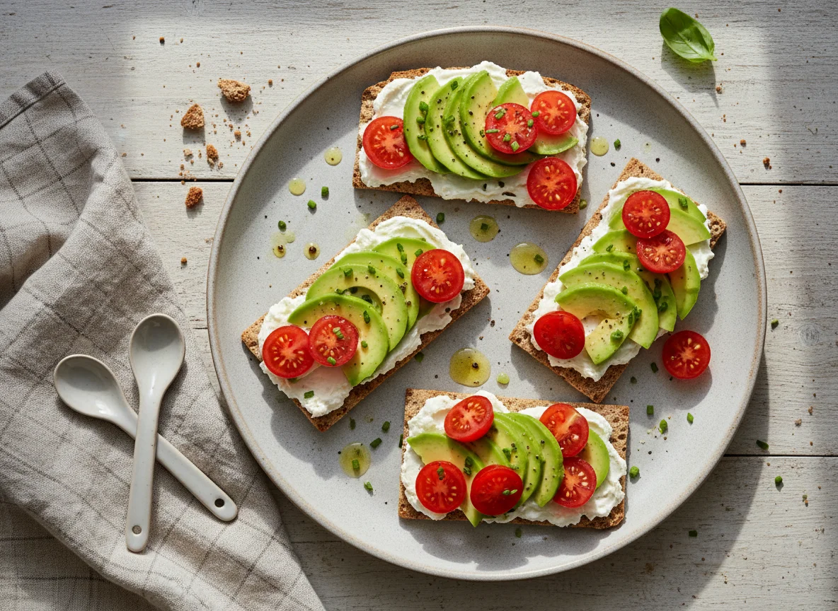 Knäckebrot mit Avocado, Frischkäse und Tomate photo