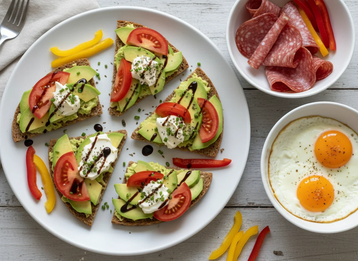 Knäckebrot mit Avocado, Tomate und Beilagen photo