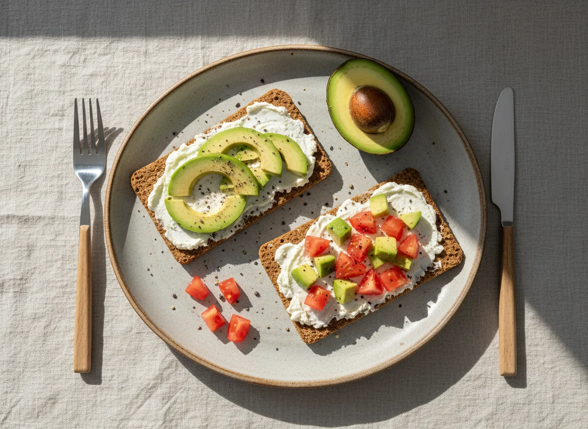 Knäckebrot mit Avocado und Frischkäse photo