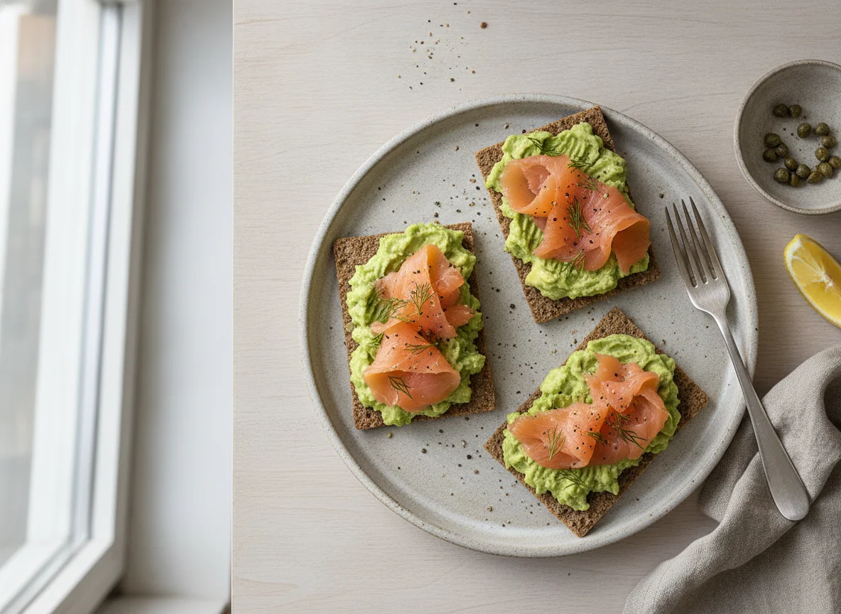 Knäckebrot mit Avocado und Räucherlachs photo