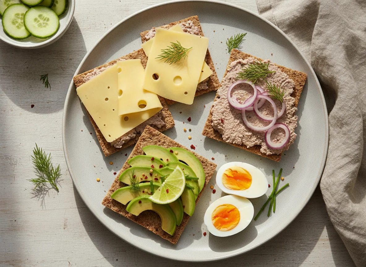 Knäckebrot mit Belag und Beilagen photo