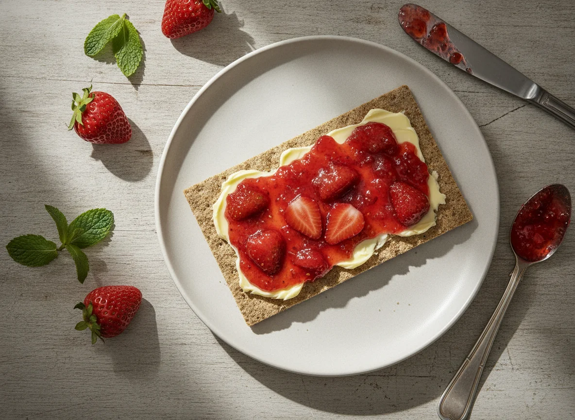 Knäckebrot mit Butter und Erdbeermarmelade photo
