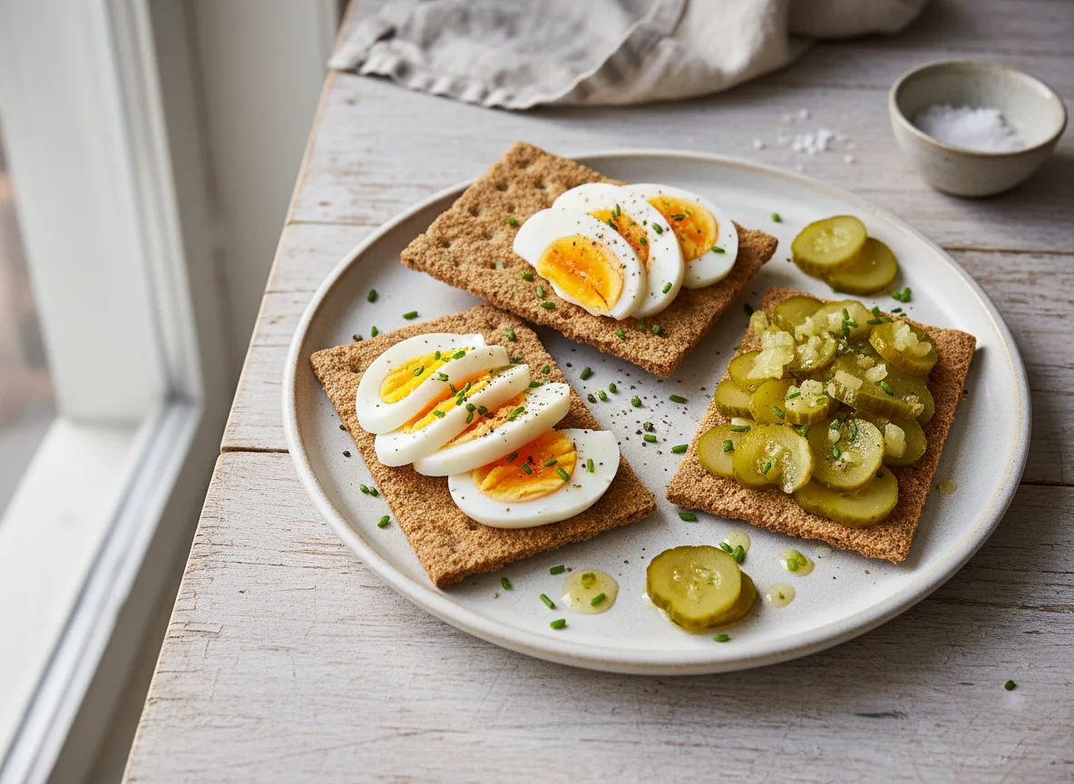 Knäckebrot mit Ei und Gewürzgurken photo