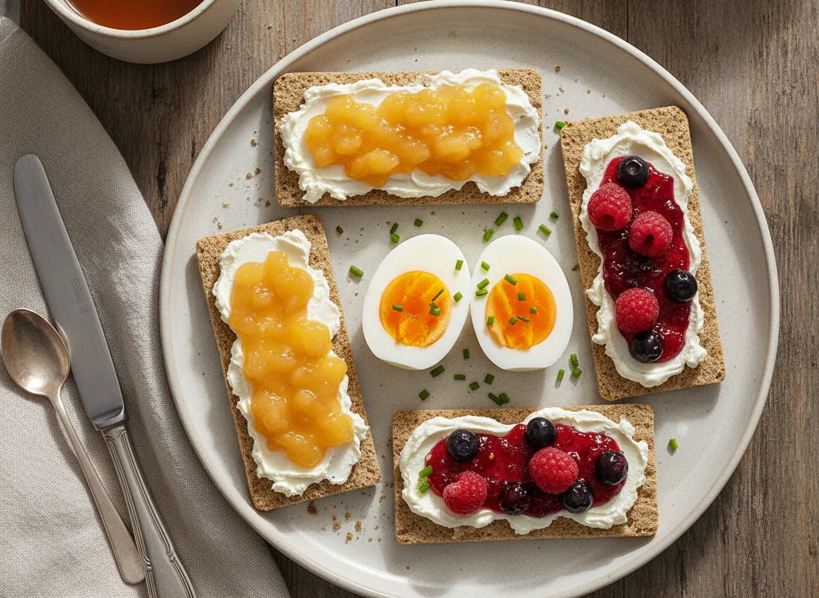 Knäckebrot mit Ei und süßem Aufstrich photo
