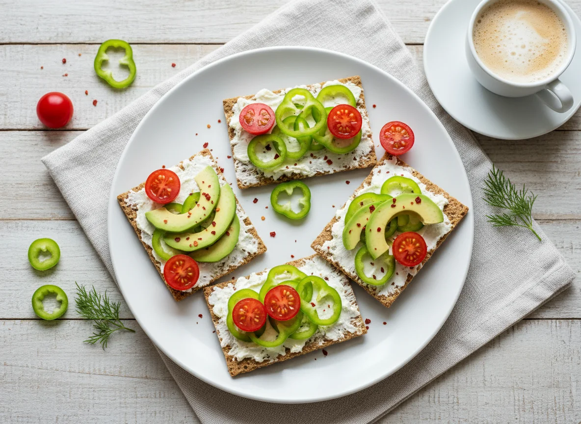 Knäckebrot mit Frischkäse, Gemüse und Avocado photo