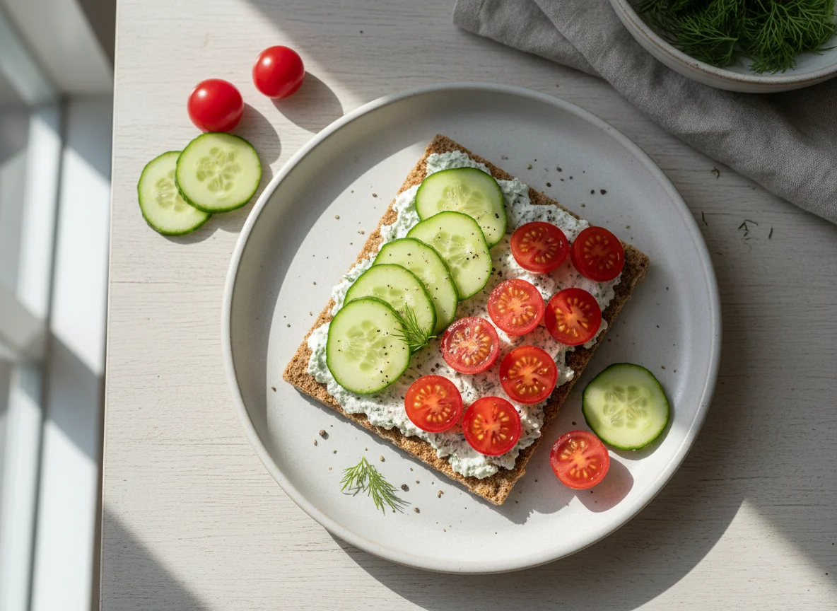 Knäckebrot mit Frischkäse, Gurke und Tomate photo