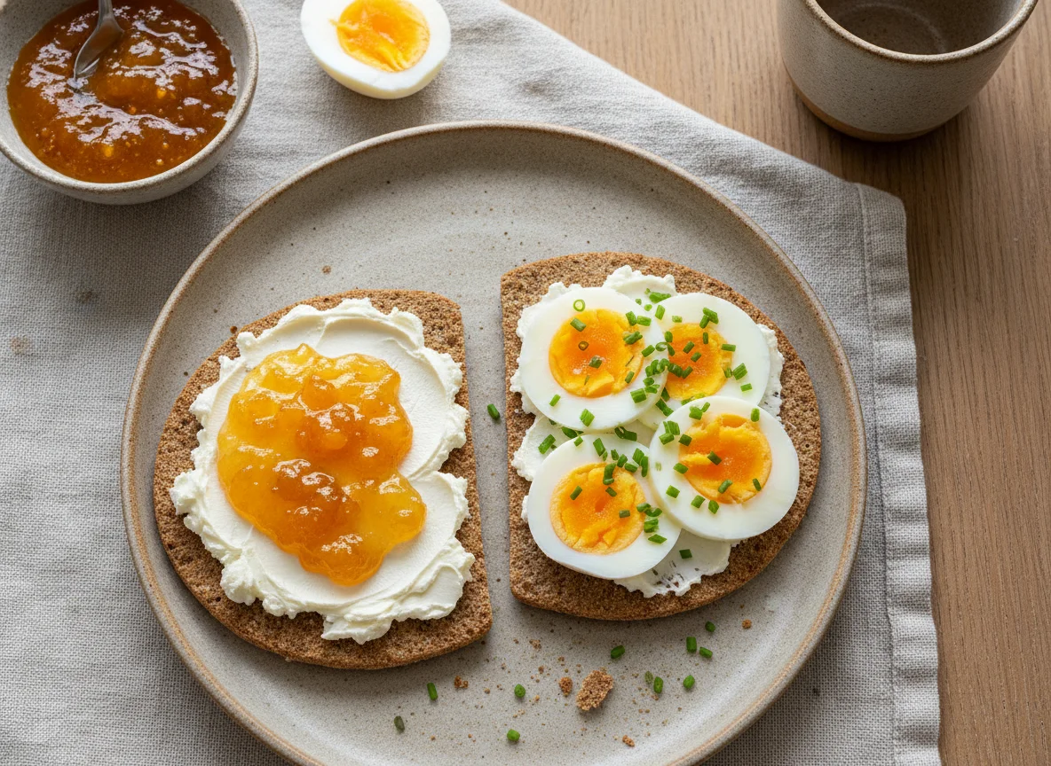 Knäckebrot mit Frischkäse, Marmelade und Ei photo