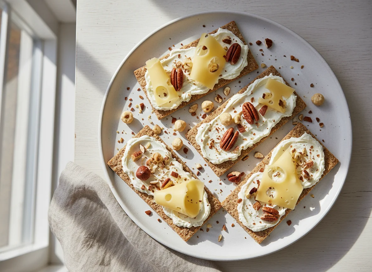 Knäckebrot mit Frischkäse, Nüssen und Käse photo
