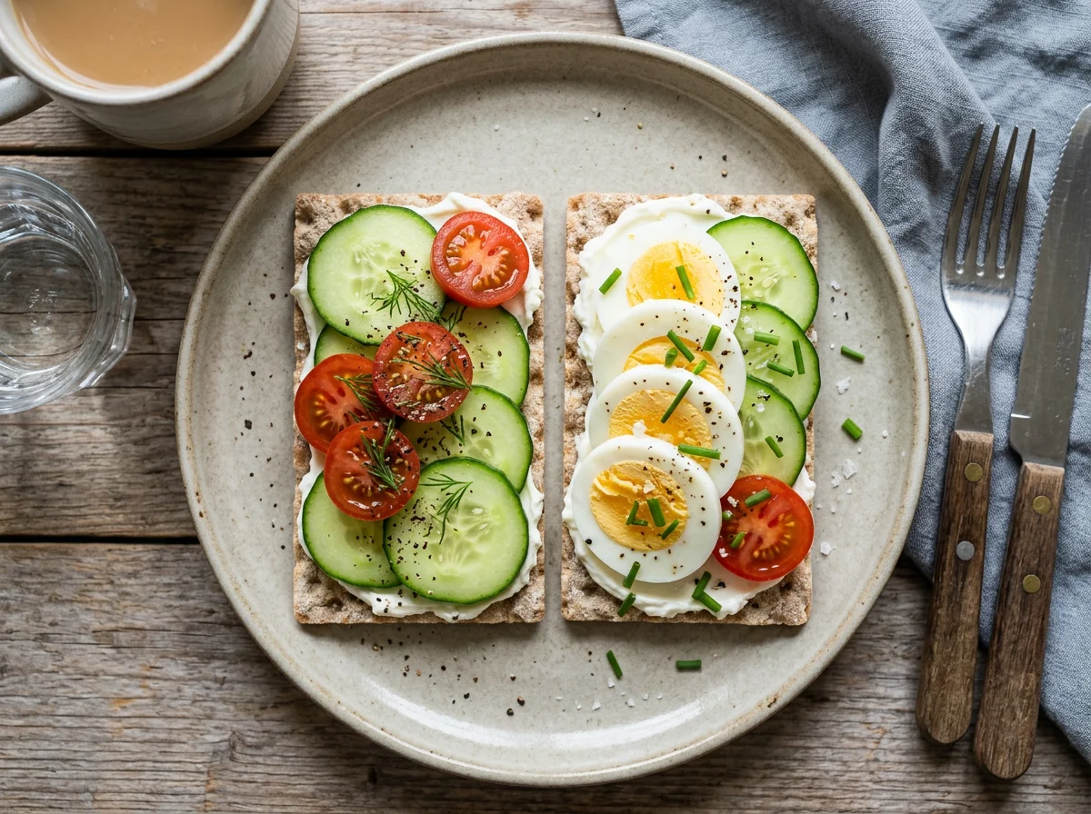 Knäckebrot mit Frischkäse, Tomate, Gurke und gekochten Eiern photo