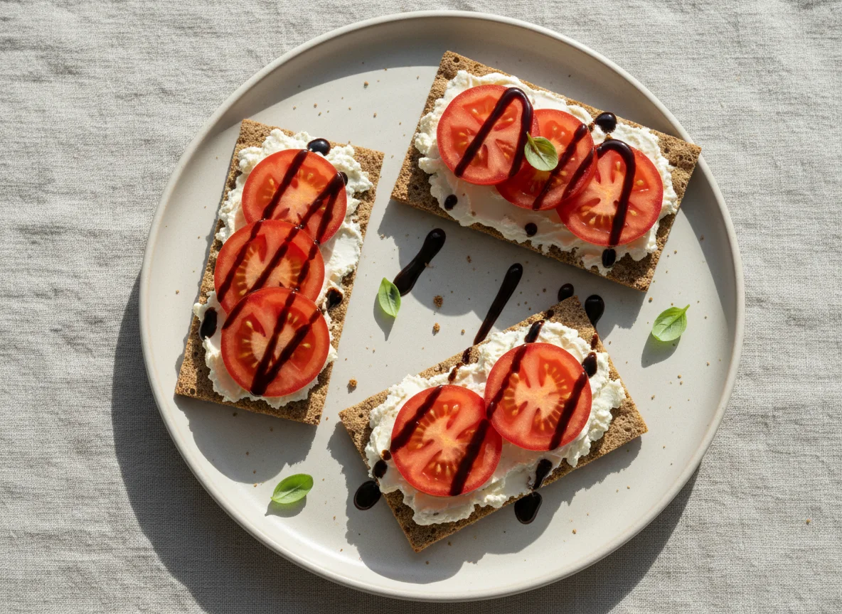 Knäckebrot mit Frischkäse, Tomate und Balsamico photo