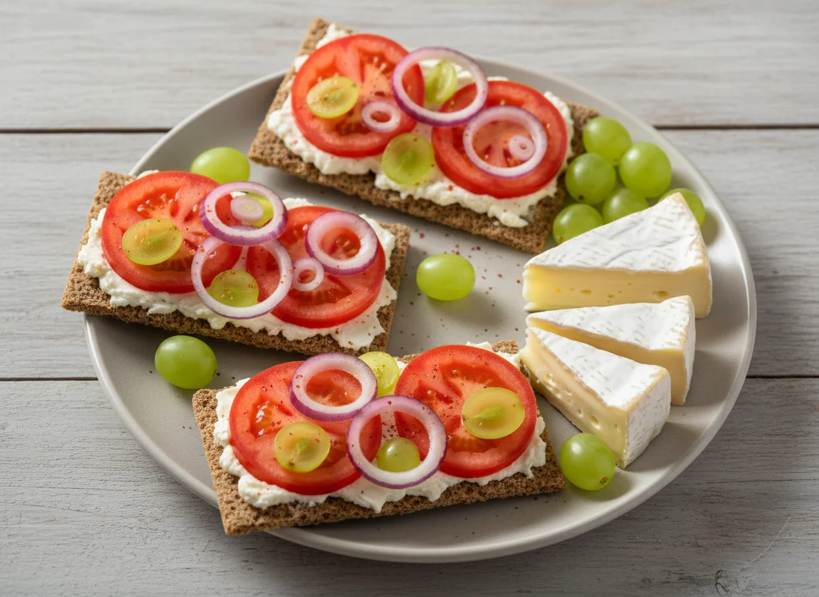 Knäckebrot mit Frischkäse, Tomate, Zwiebel und Trauben photo