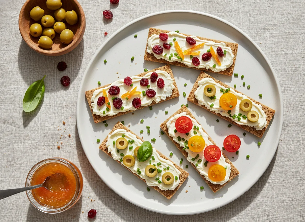 Knäckebrot mit Frischkäse, Trockenfrüchten, Oliven und Kirschtomaten photo