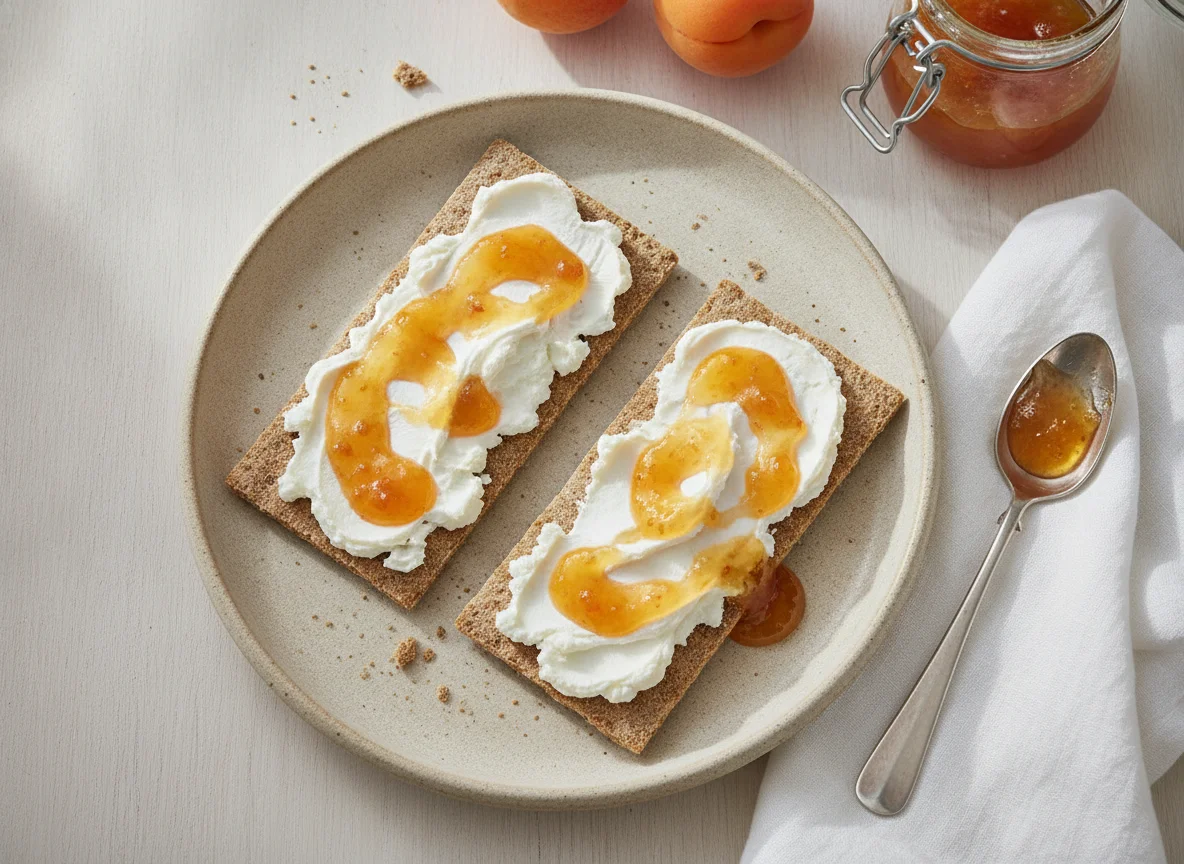 Knäckebrot mit Frischkäse und Aprikosenmarmelade photo