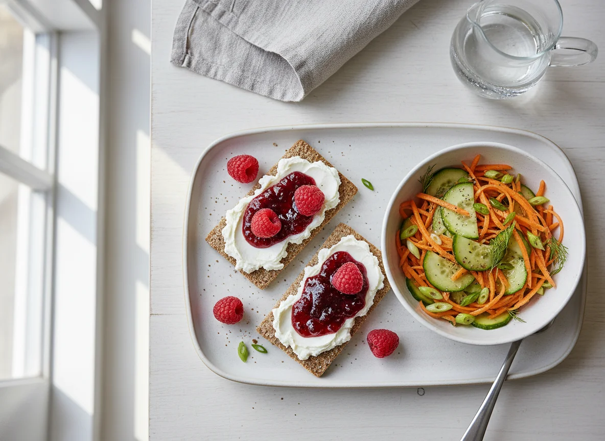 Knäckebrot mit Frischkäse und Beerenmarmelade, dazu Karotten-Gurken-Salat photo