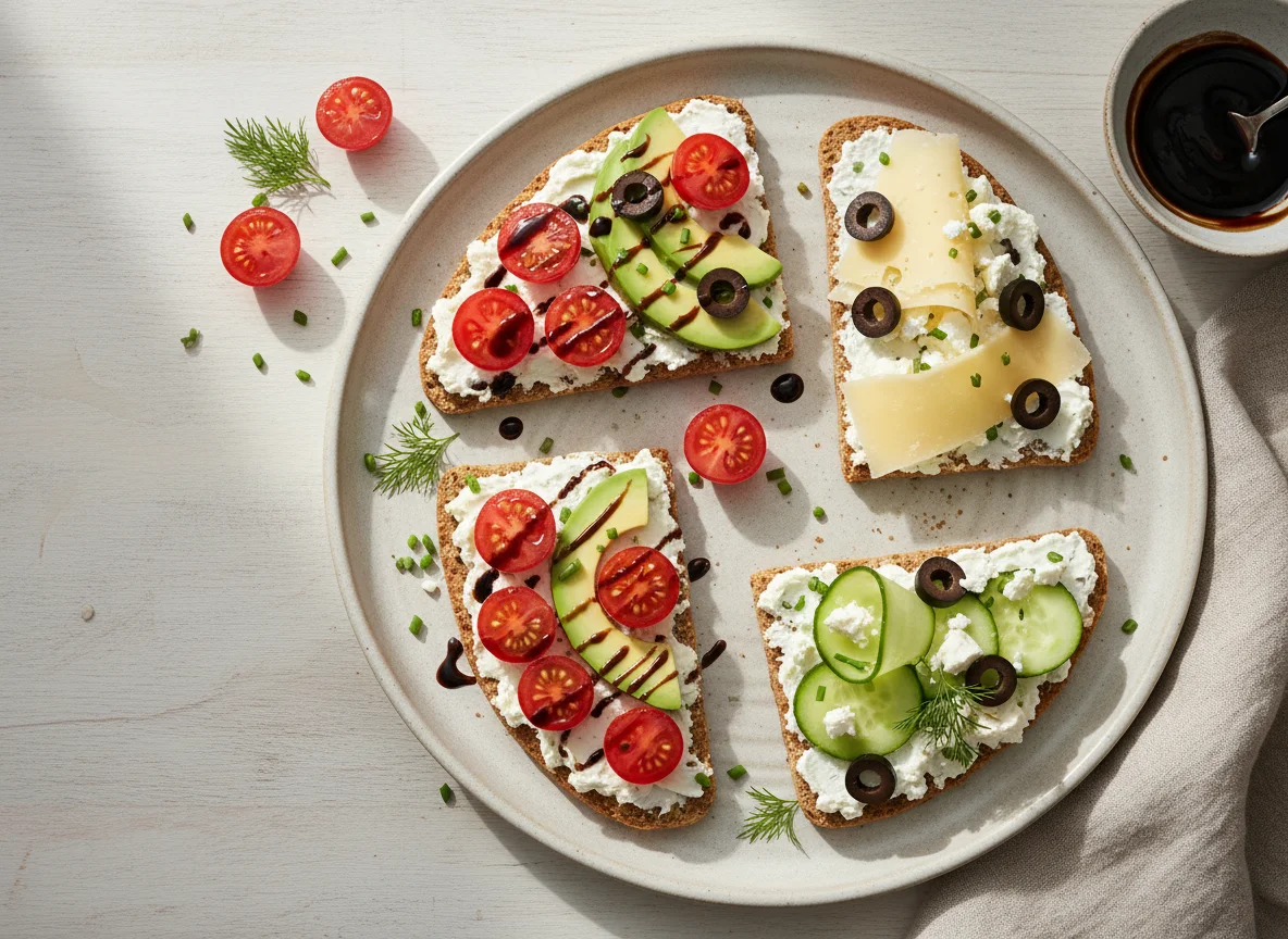 Knäckebrot mit Frischkäse und Beilagen photo