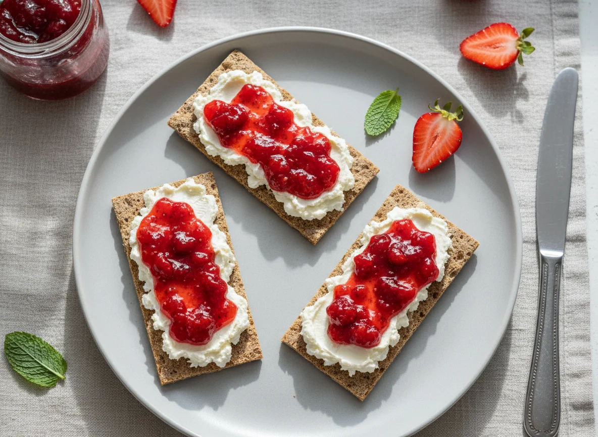 Knäckebrot mit Frischkäse und Erdbeermarmelade photo