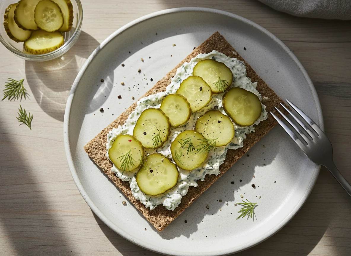 Knäckebrot mit Frischkäse und Essiggurken photo