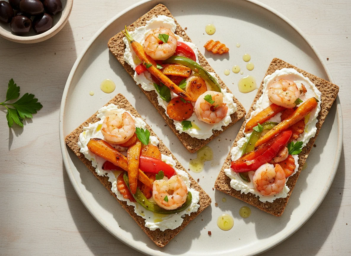 Knäckebrot mit Frischkäse und gebratenem Gemüse photo