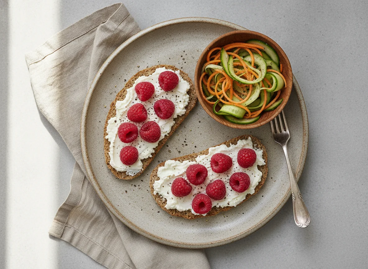 Knäckebrot mit Frischkäse und Himbeeren, dazu Karotten-Gurken-Salat photo