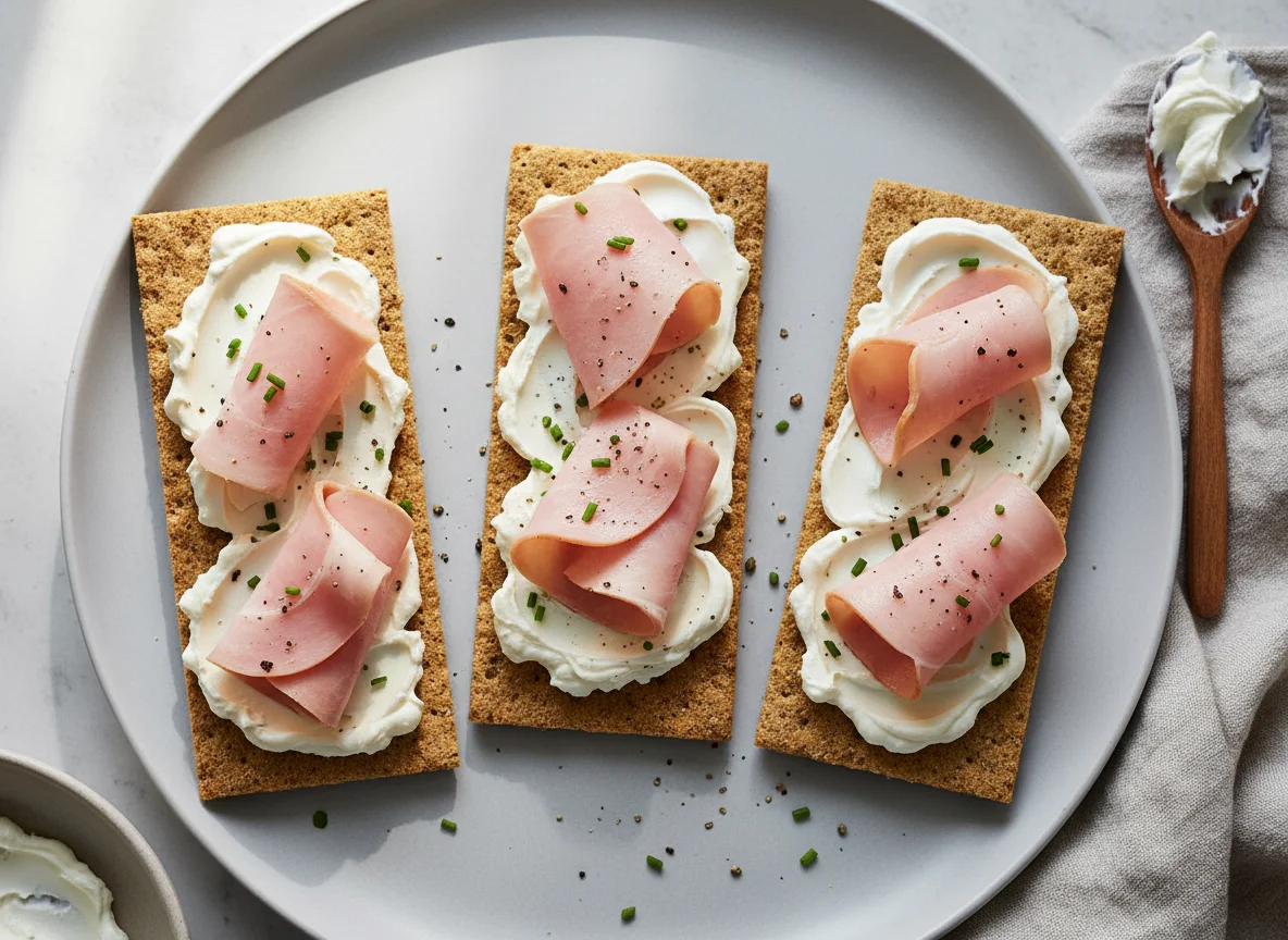 Knäckebrot mit Frischkäse und Kochschinken photo
