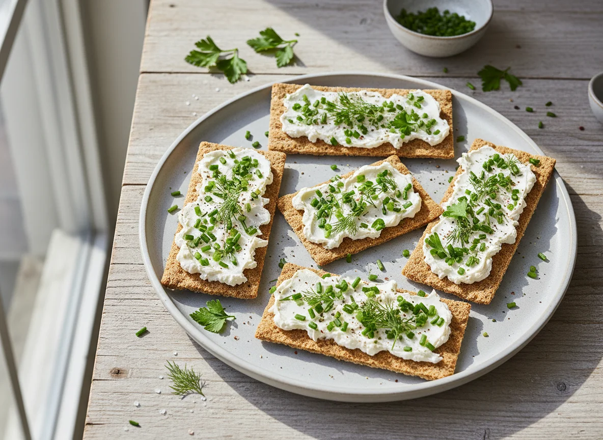 Knäckebrot mit Frischkäse und Kräutern photo