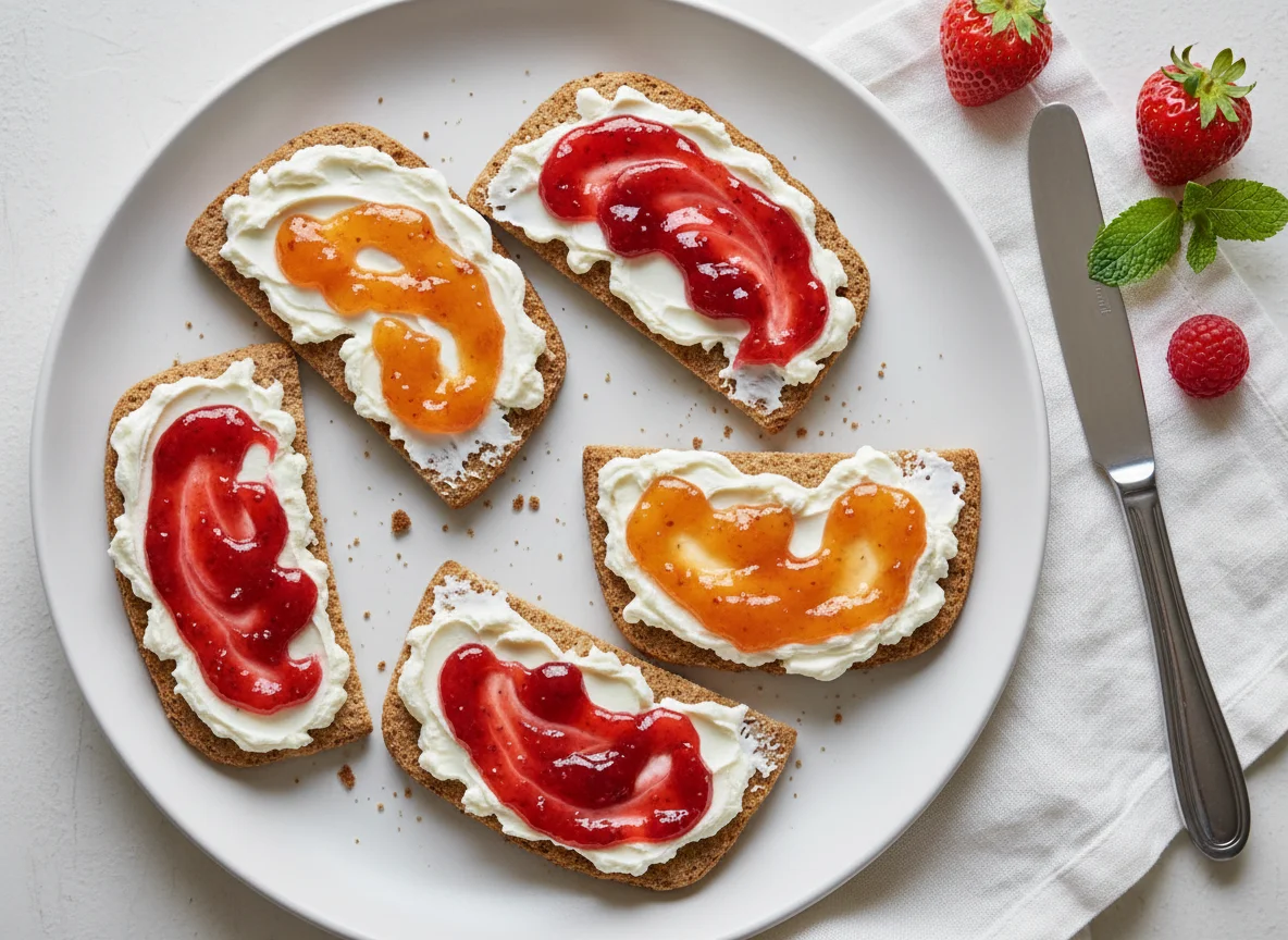 Knäckebrot mit Frischkäse und Marmelade photo
