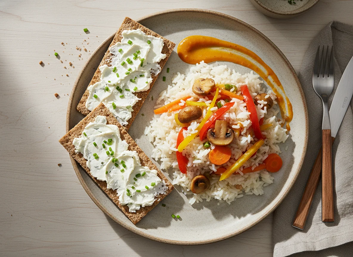 Knäckebrot mit Frischkäse und Reis mit Gemüse photo
