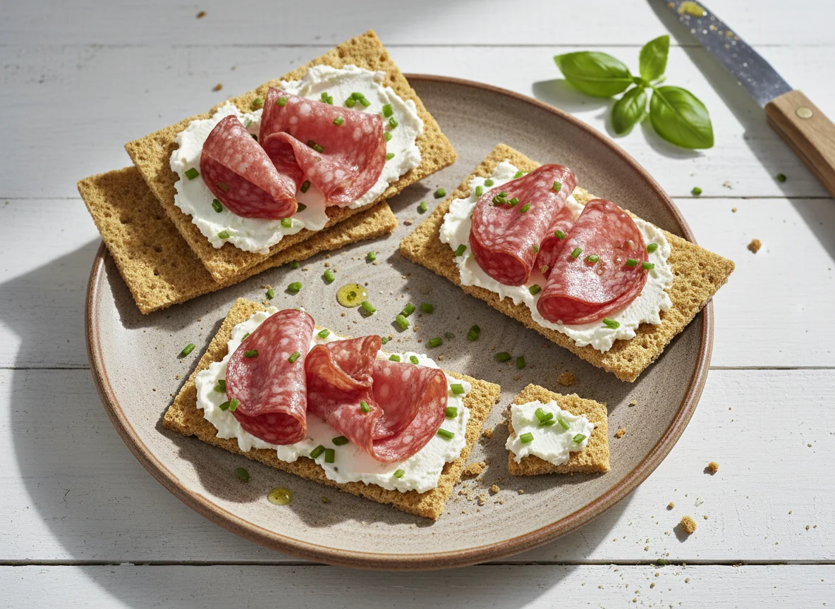 Knäckebrot mit Frischkäse und Salami photo