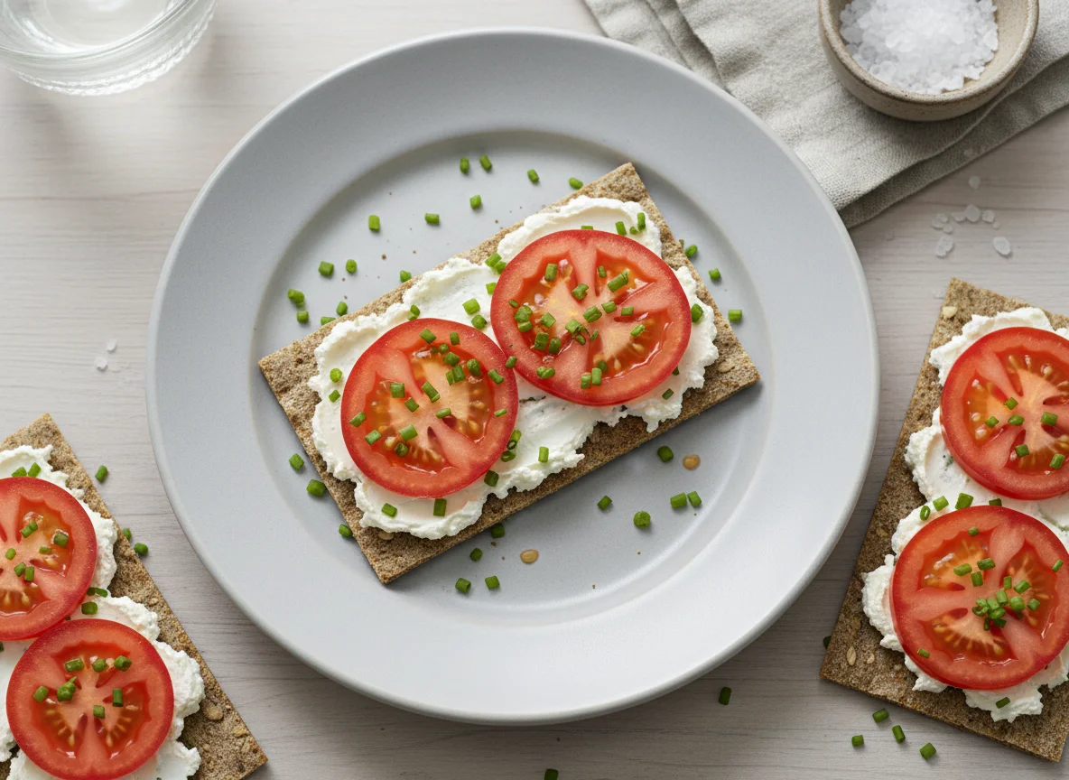 Knäckebrot mit Frischkäse und Tomate photo