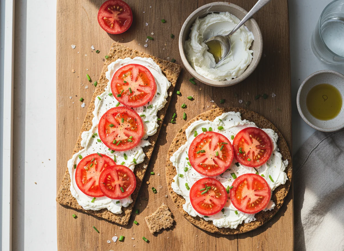 Knäckebrot mit Frischkäse und Tomaten photo