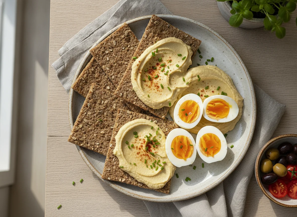 Knäckebrot mit Hummus und gekochten Eiern photo