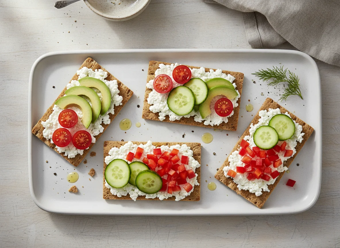 Knäckebrot mit Hüttenkäse, Avocado und Gemüse photo