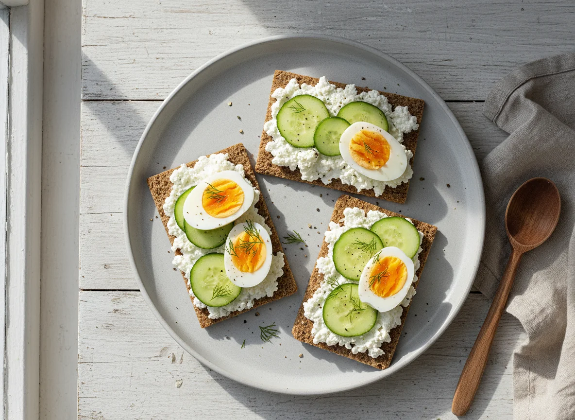 Knäckebrot mit Hüttenkäse, Gurke und Ei photo
