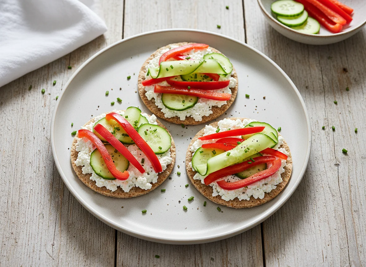 Knäckebrot mit Hüttenkäse, Paprika und Gurke photo