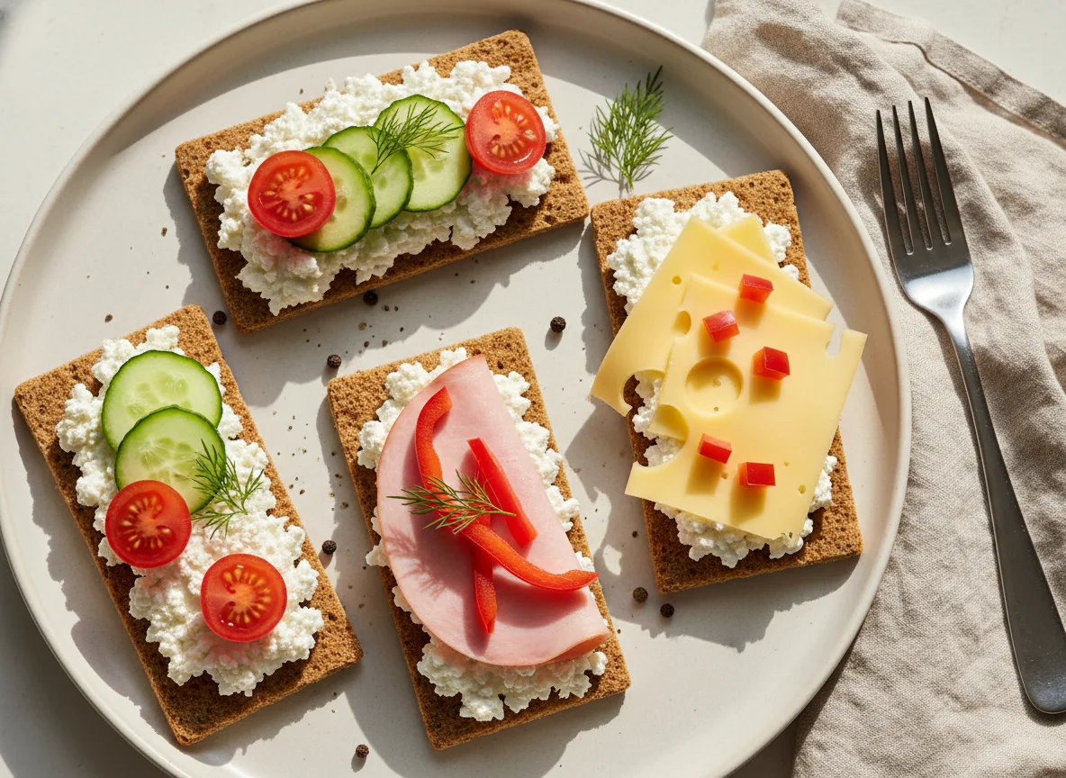 Knäckebrot mit Hüttenkäse, Schinken und Käse photo